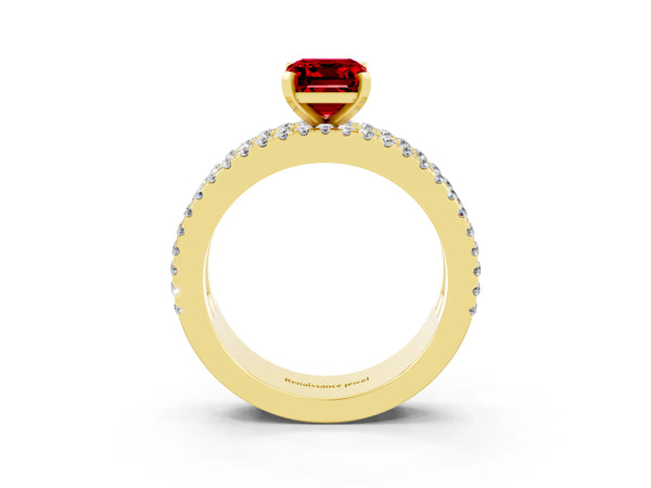 Yellow gold Emerald Cut Ruby Solitaire Ring with Pavé and Channel Set Band