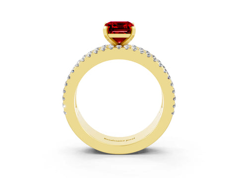 Yellow gold Emerald Cut Ruby Solitaire Ring with Pavé and Channel Set Band_3