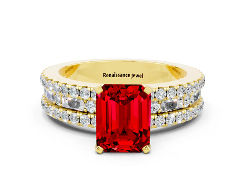 Yellow gold Emerald Cut Ruby Solitaire Ring with Pavé and Channel Set Band