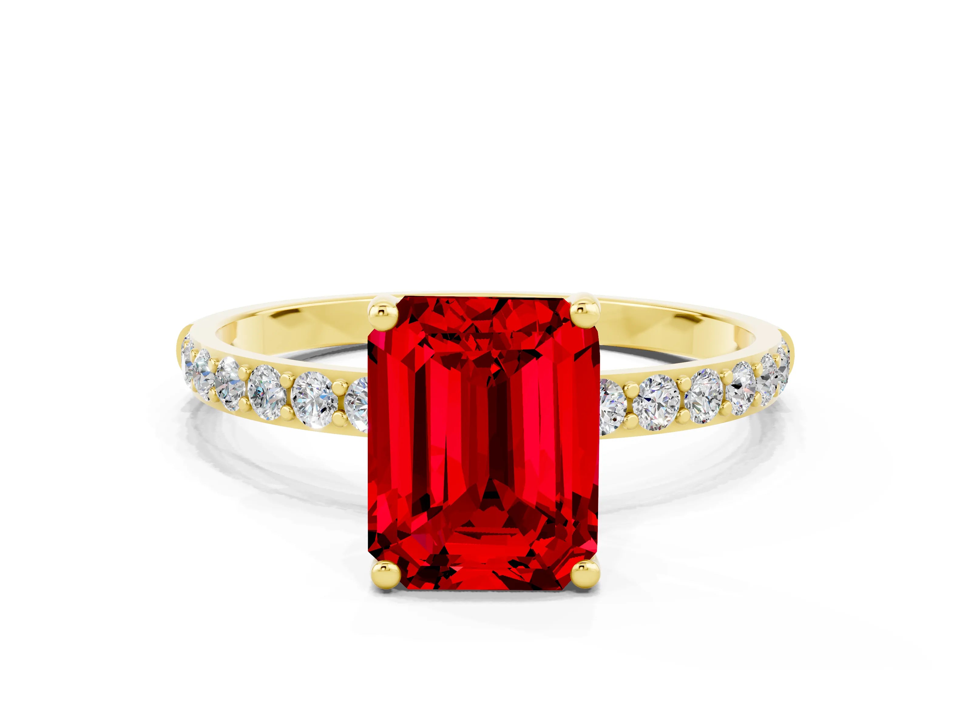 Yellow gold Emerald Cut Ruby Solitaire Ring with Pave Band and Four Prong Setting_12