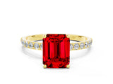Yellow gold Emerald Cut Ruby Solitaire Ring with Pave Band and Four Prong Setting_12