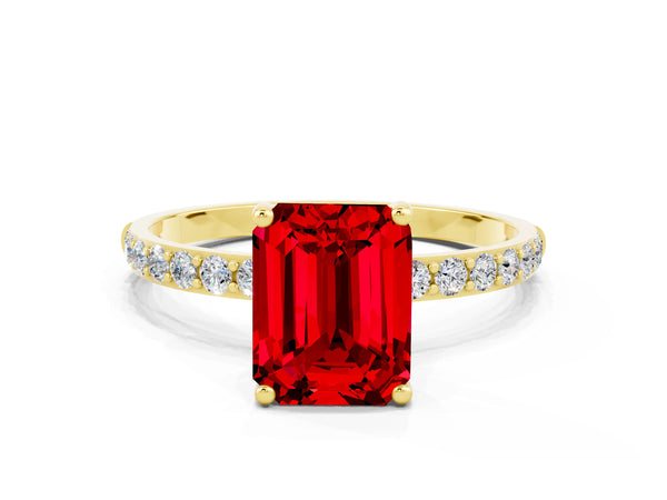 Yellow gold Emerald Cut Ruby Solitaire Ring with Round  Pavé Band and Prong Setting
