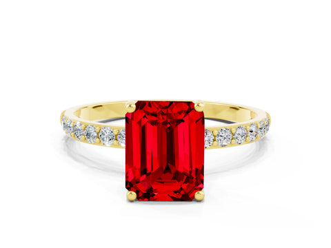 Yellow gold Emerald Cut Ruby Solitaire Ring with Pave Band and Four Prong Setting_12