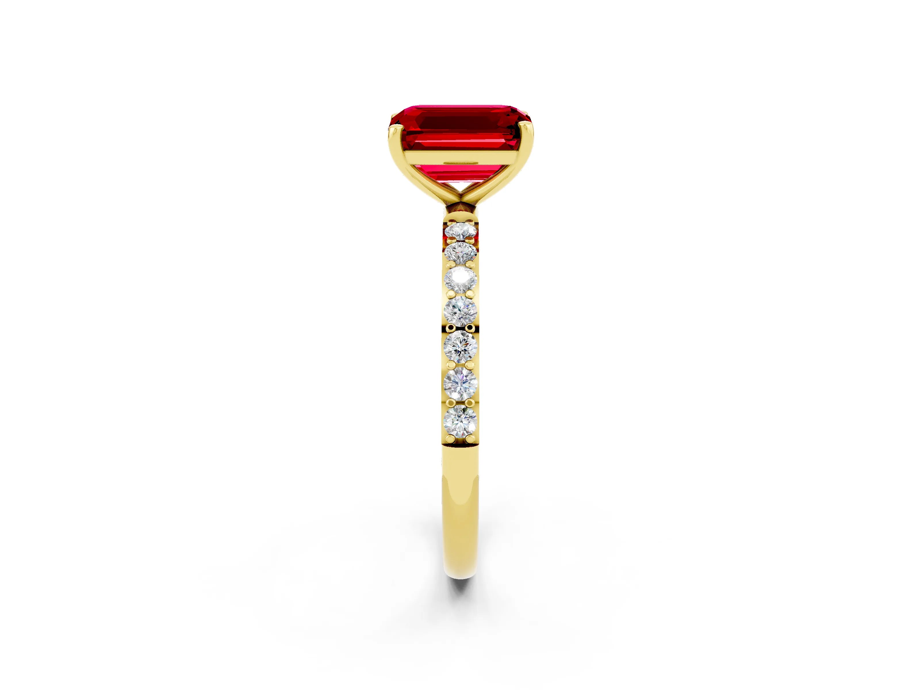 Yellow gold Emerald Cut Ruby Solitaire Ring with Pave Band and Four Prong Setting_14