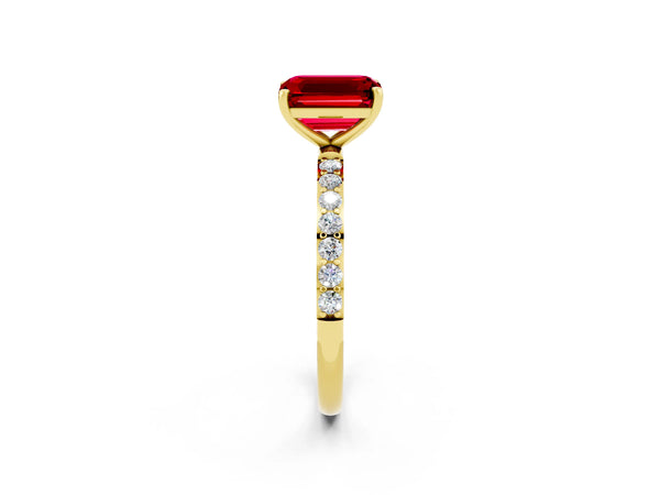 Yellow gold Emerald Cut Ruby Solitaire Ring with Round  Pavé Band and Prong Setting