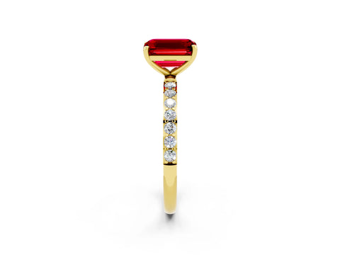Yellow gold Emerald Cut Ruby Solitaire Ring with Pave Band and Four Prong Setting_14
