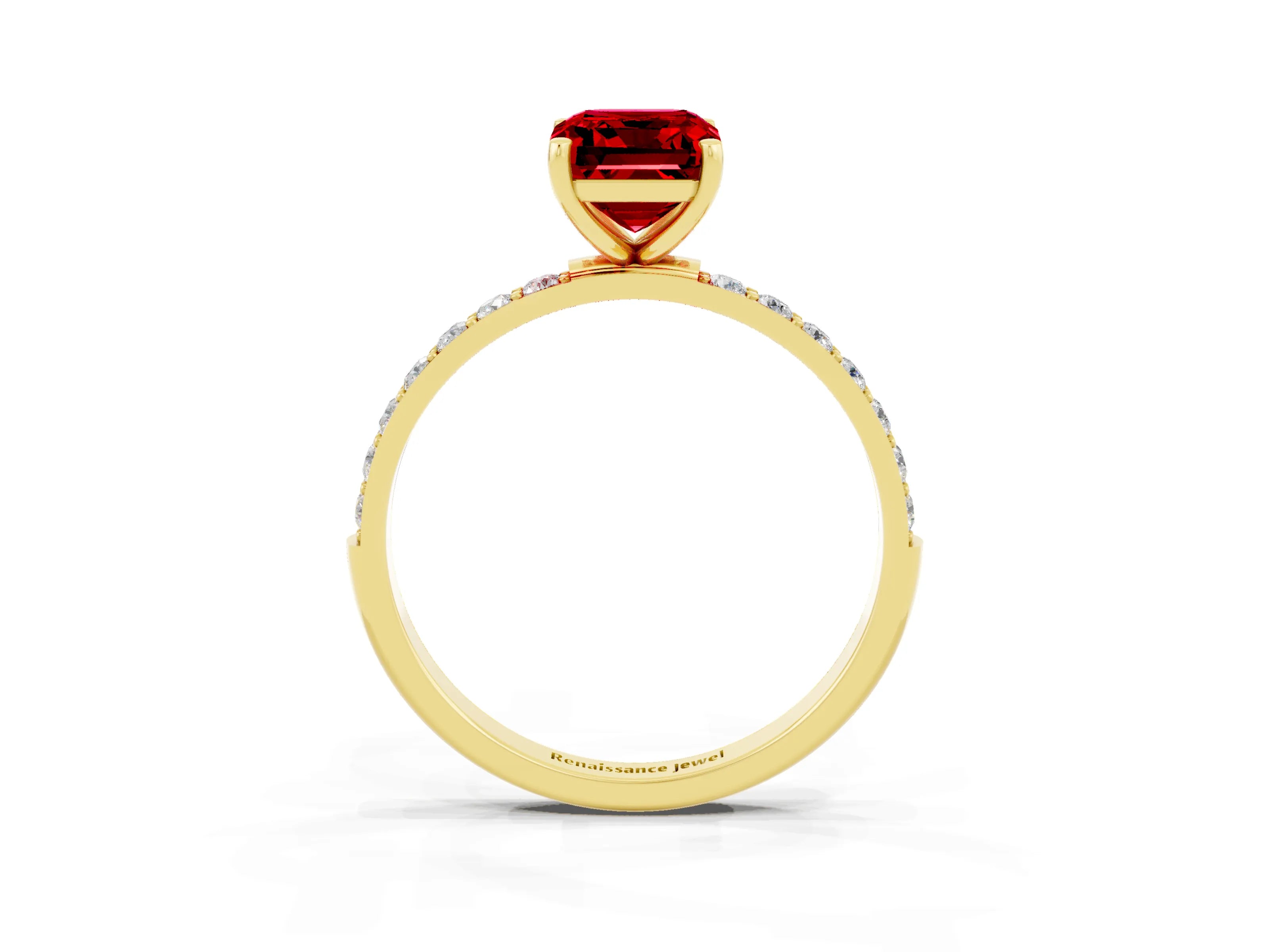 Yellow gold Emerald Cut Ruby Solitaire Ring with Pave Band and Four Prong Setting_15