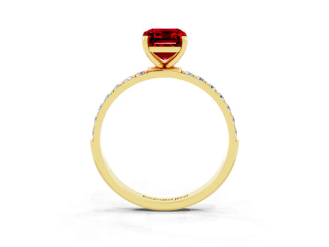 Yellow gold Emerald Cut Ruby Solitaire Ring with Pave Band and Four Prong Setting_15