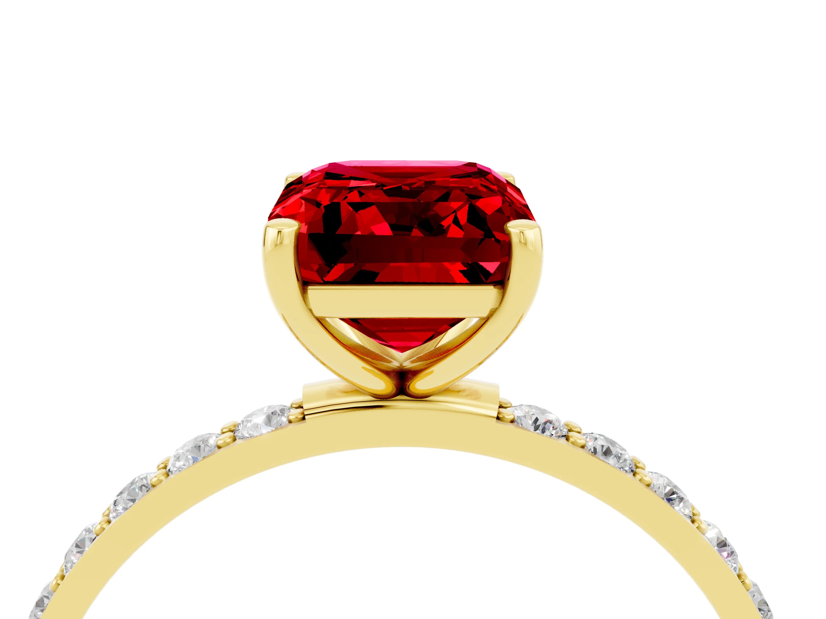 Yellow gold Emerald Cut Ruby Solitaire Ring with Pave Band and Four Prong Setting_16