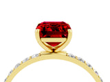 Yellow gold Emerald Cut Ruby Solitaire Ring with Pave Band and Four Prong Setting_16