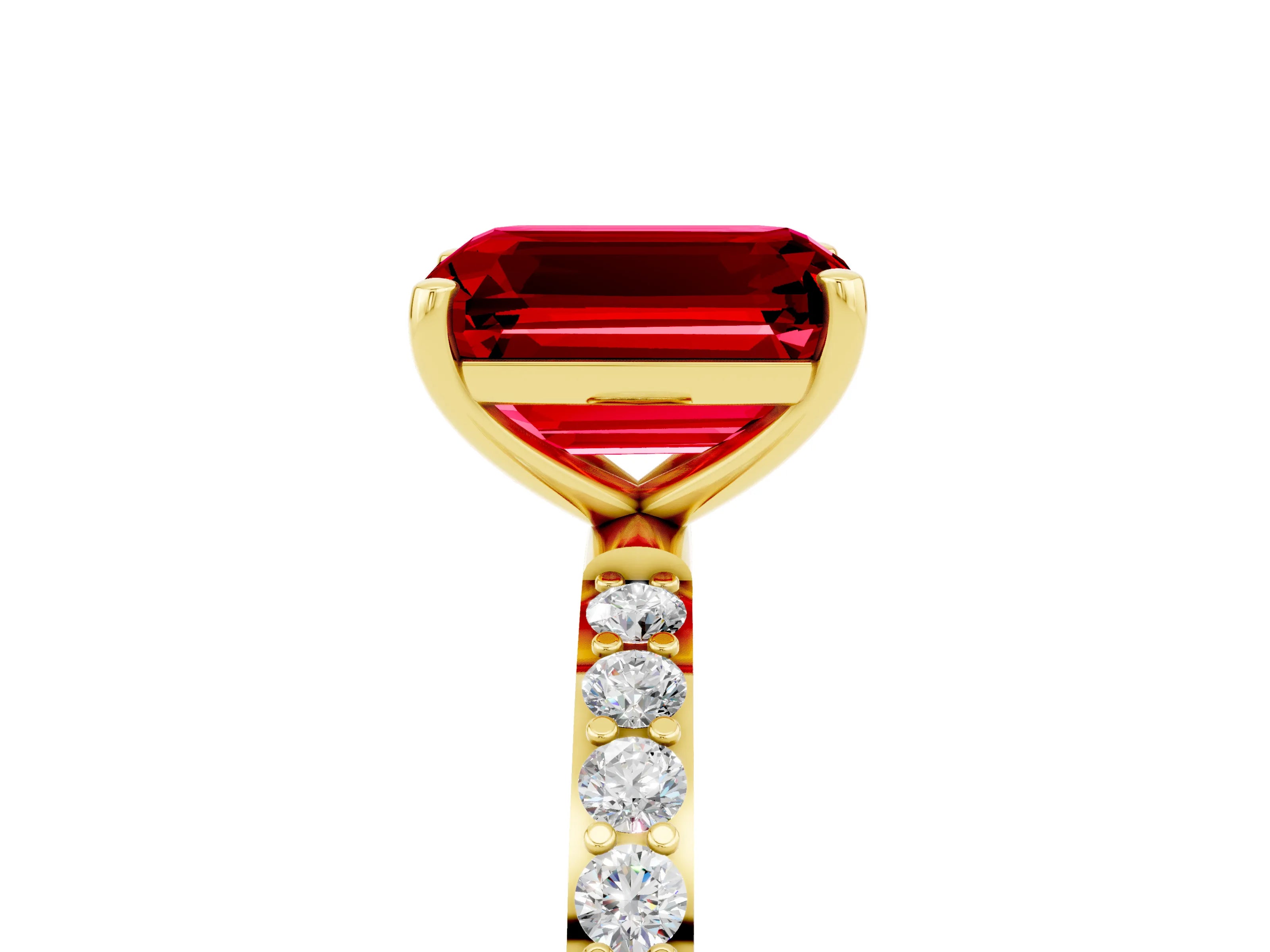 Yellow gold Emerald Cut Ruby Solitaire Ring with Pave Band and Four Prong Setting_17