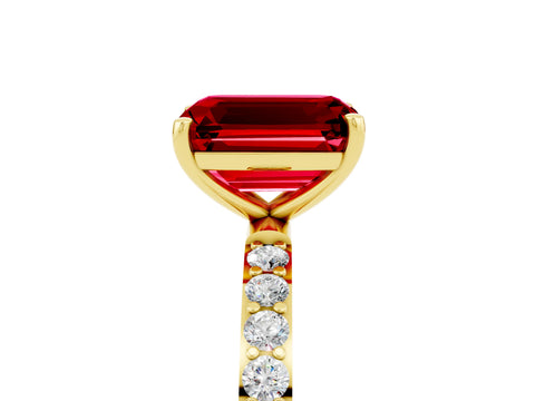 Yellow gold Emerald Cut Ruby Solitaire Ring with Pave Band and Four Prong Setting_17