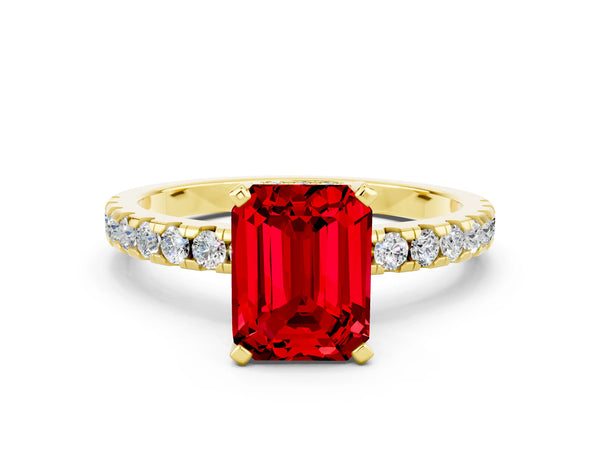 Yellow gold Emerald Cut Ruby Solitaire Ring with Round  Pavé Band and Four-Prong Setting