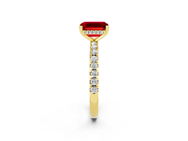 Yellow gold Emerald Cut Ruby Solitaire Ring with Round  Pavé Band and Four-Prong Setting