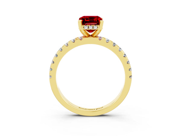Yellow gold Emerald Cut Ruby Solitaire Ring with Round  Pavé Band and Four-Prong Setting