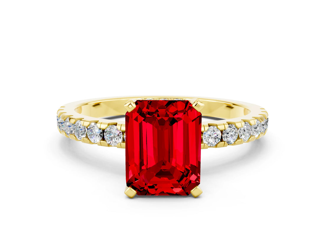 Yellow gold Emerald Cut Ruby Solitaire Ring with Round  Pavé Band and Four-Prong Setting_36