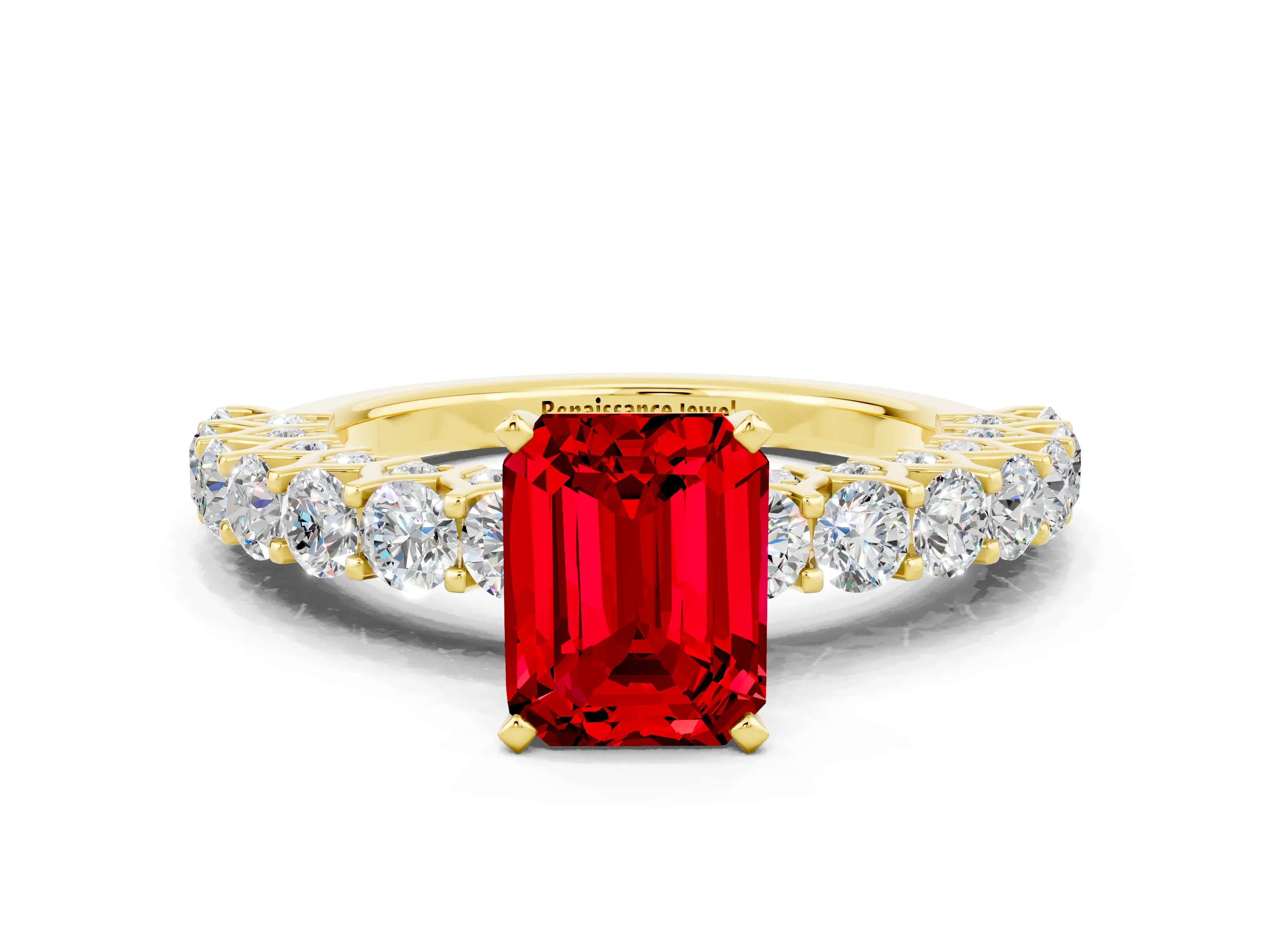 Yellow gold Emerald Cut Ruby Solitaire Ring with Shared Prong Pavé Band and Four-Prong Setting