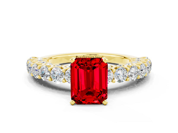 Yellow gold Emerald Cut Ruby Solitaire Ring with Shared Prong Pavé Band and Four-Prong Setting
