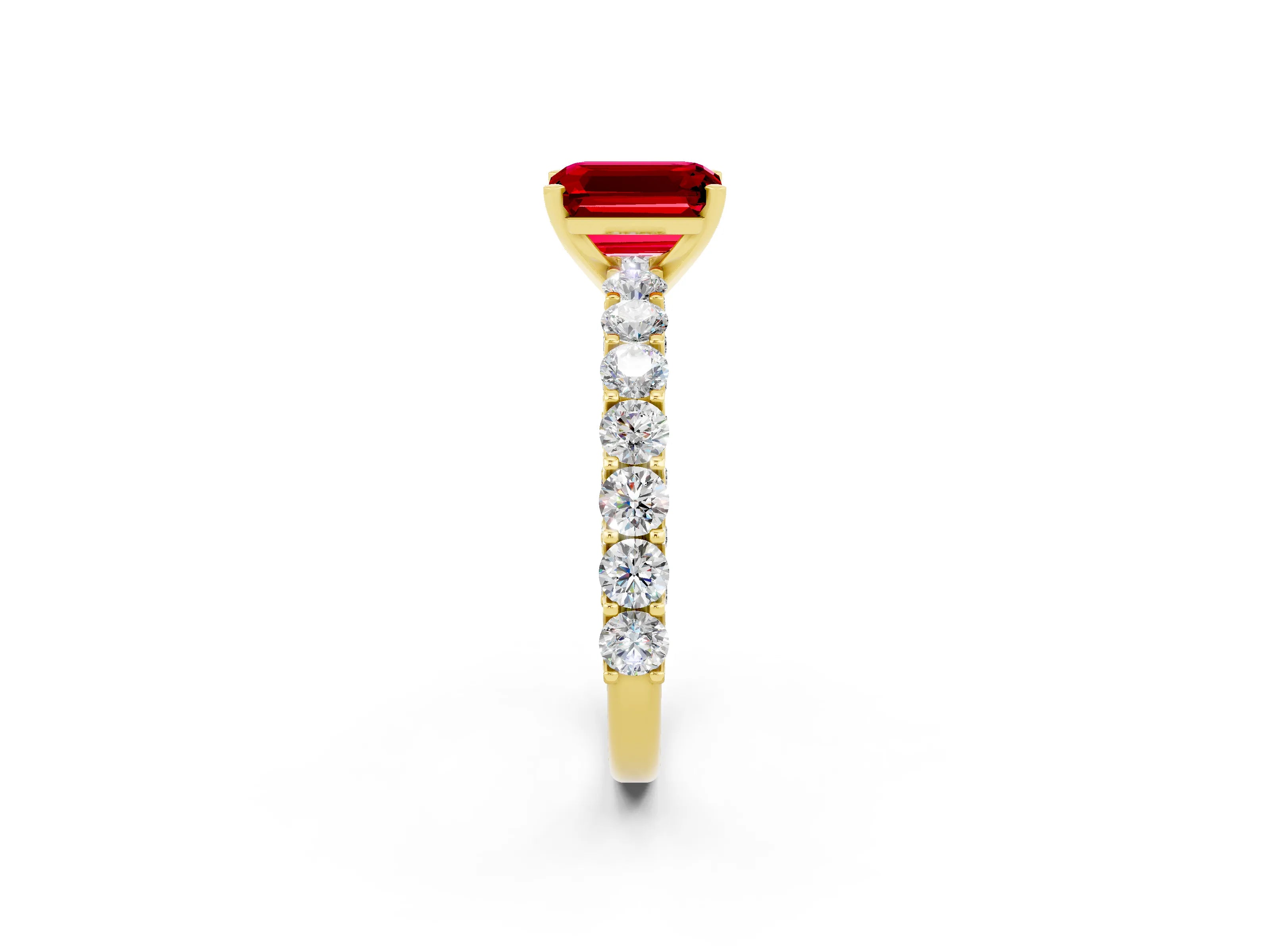 Yellow gold Emerald Cut Ruby Solitaire Ring with Shared Prong Pavé Band and Four-Prong Setting_2