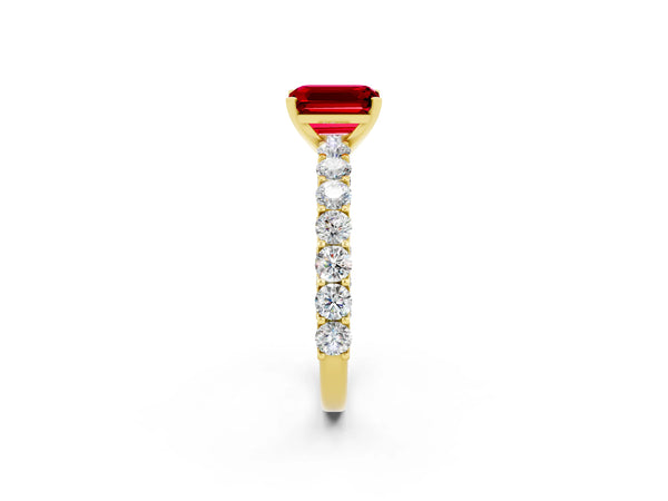 Yellow gold Emerald Cut Ruby Solitaire Ring with Shared Prong Pavé Band and Four-Prong Setting