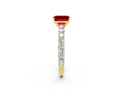 Yellow gold Emerald Cut Ruby Solitaire Ring with Shared Prong Pavé Band and Four-Prong Setting_2