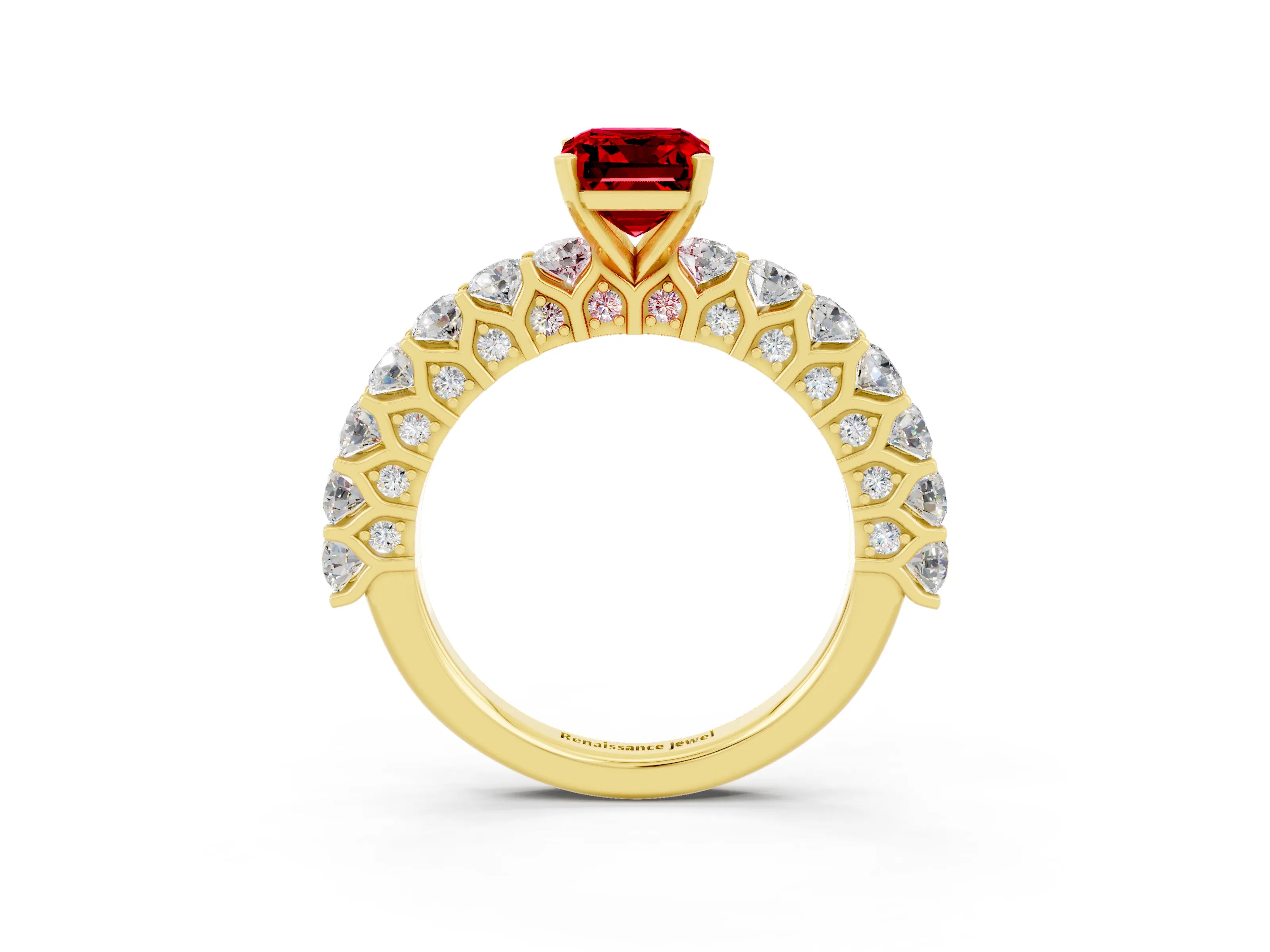 Yellow gold Emerald Cut Ruby Solitaire Ring with Shared Prong Pavé Band and Four-Prong Setting_3