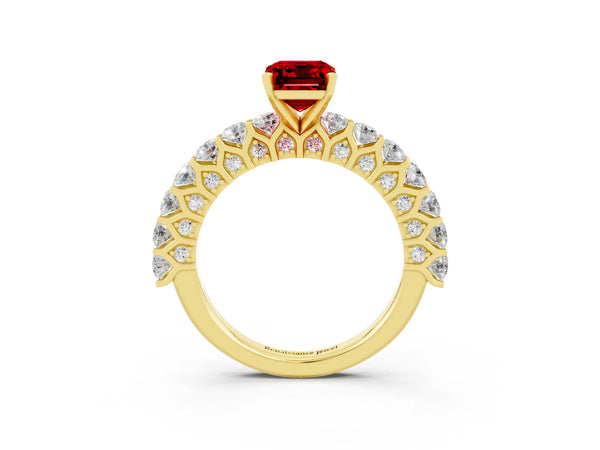 Yellow gold Emerald Cut Ruby Solitaire Ring with Shared Prong Pavé Band and Four-Prong Setting