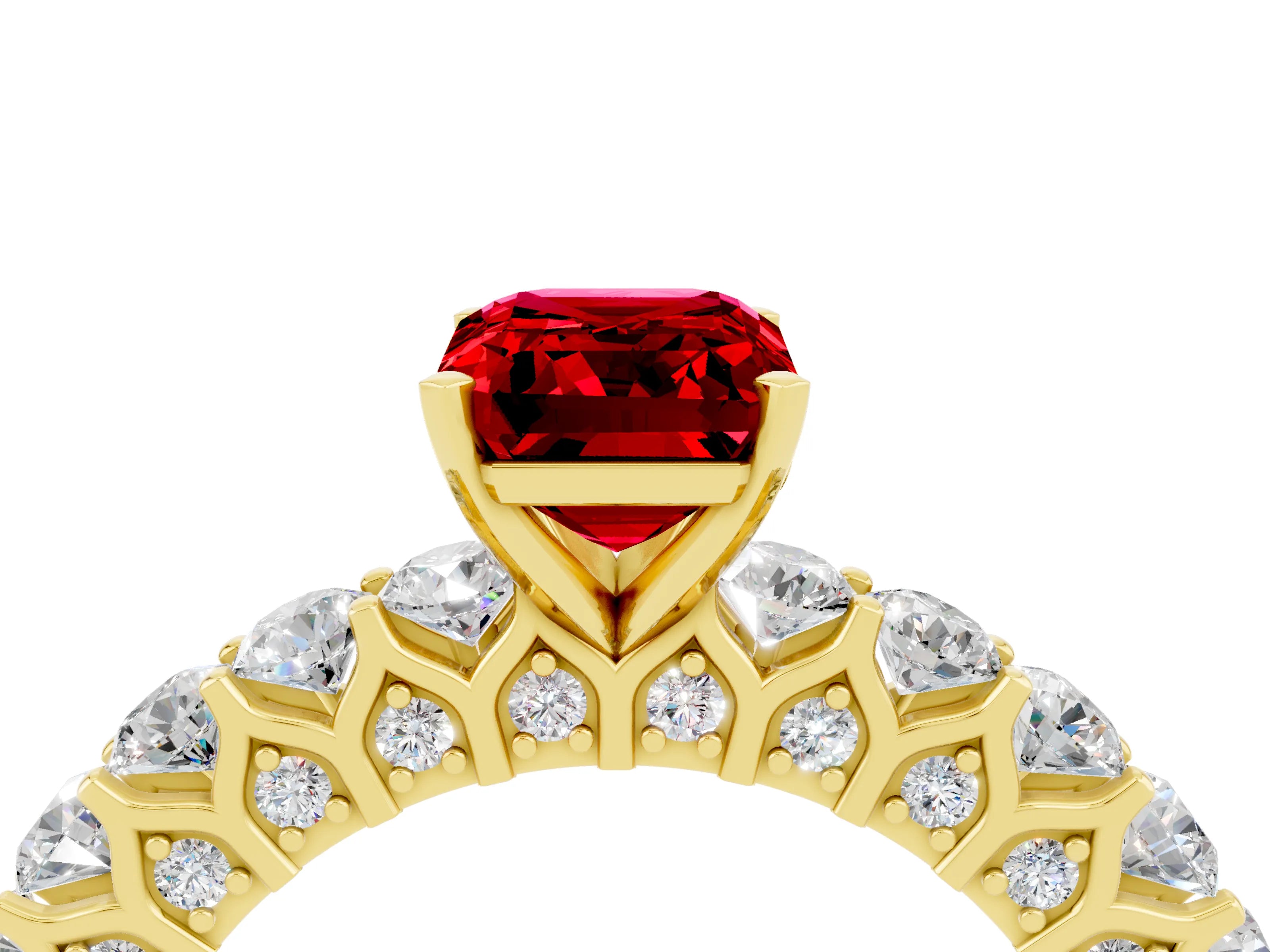 Yellow gold Emerald Cut Ruby Solitaire Ring with Shared Prong Pavé Band and Four-Prong Setting_4