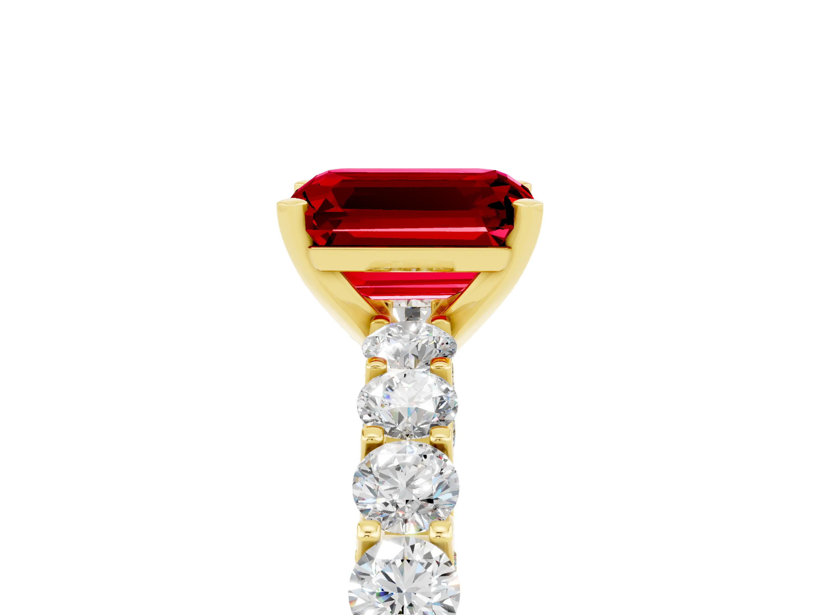 Yellow gold Emerald Cut Ruby Solitaire Ring with Shared Prong Pavé Band and Four-Prong Setting_5
