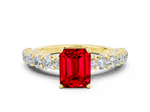 Yellow gold Emerald Cut Ruby Solitaire Ring with Shared Prong Pavé Band and Four-Prong Setting