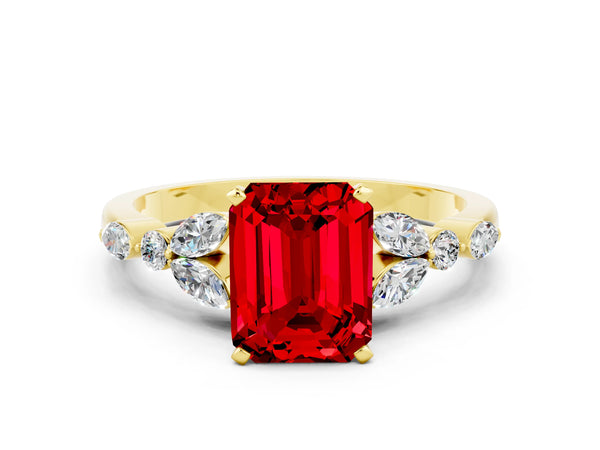 Yellow gold Emerald Cut Ruby Solitaire Ring with Side Stones and Four-Prong Setting