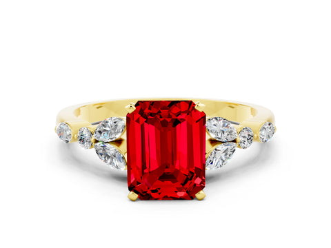 Yellow gold Emerald Cut Ruby Solitaire Ring with Side Stones and Four-Prong Setting_12