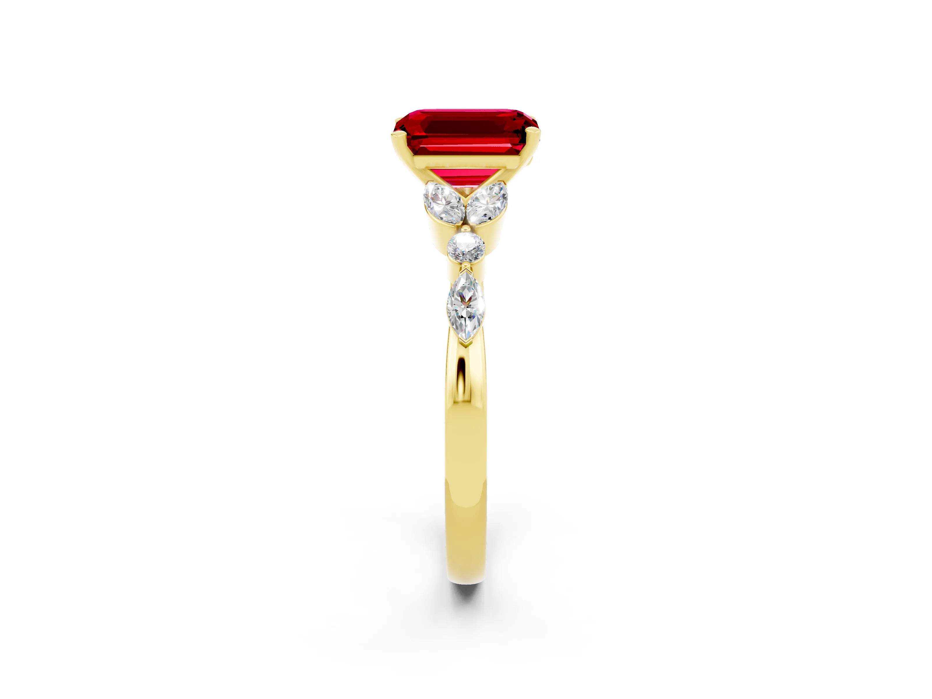 Yellow gold Emerald Cut Ruby Solitaire Ring with Side Stones and Four-Prong Setting_14