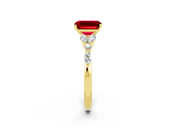 Yellow gold Emerald Cut Ruby Solitaire Ring with Side Stones and Four-Prong Setting