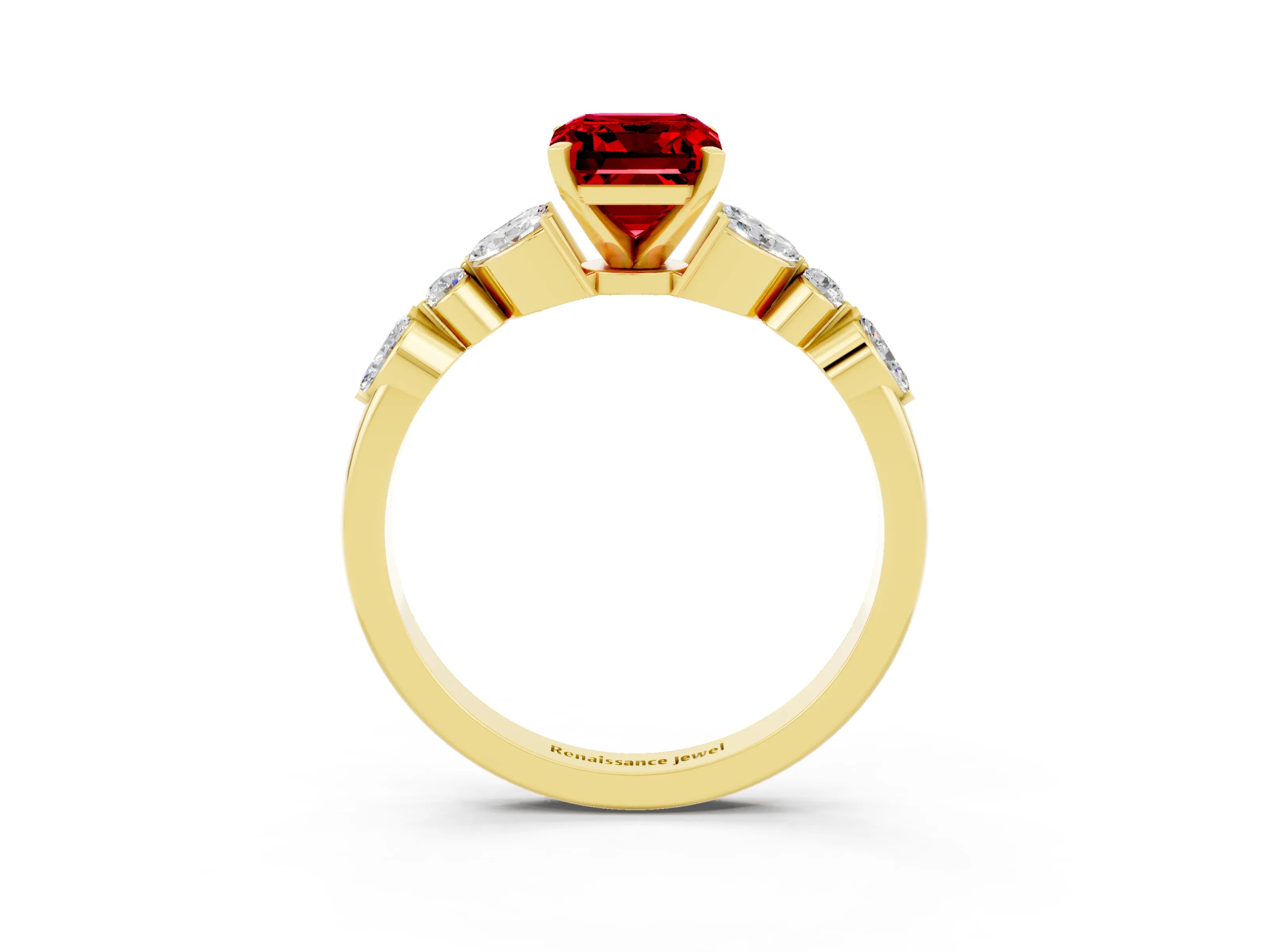 Yellow gold Emerald Cut Ruby Solitaire Ring with Side Stones and Four-Prong Setting_15