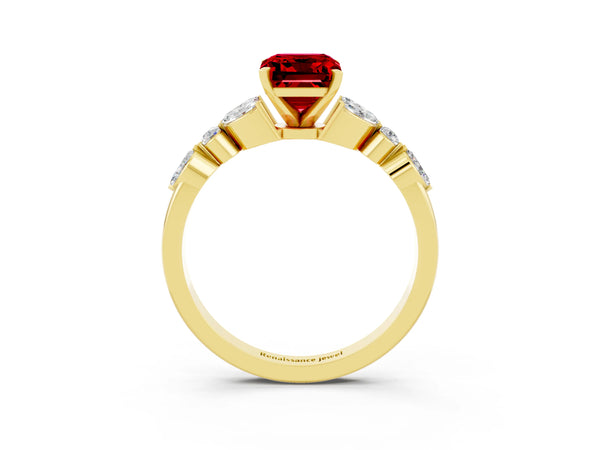 Yellow gold Emerald Cut Ruby Solitaire Ring with Side Stones and Four-Prong Setting
