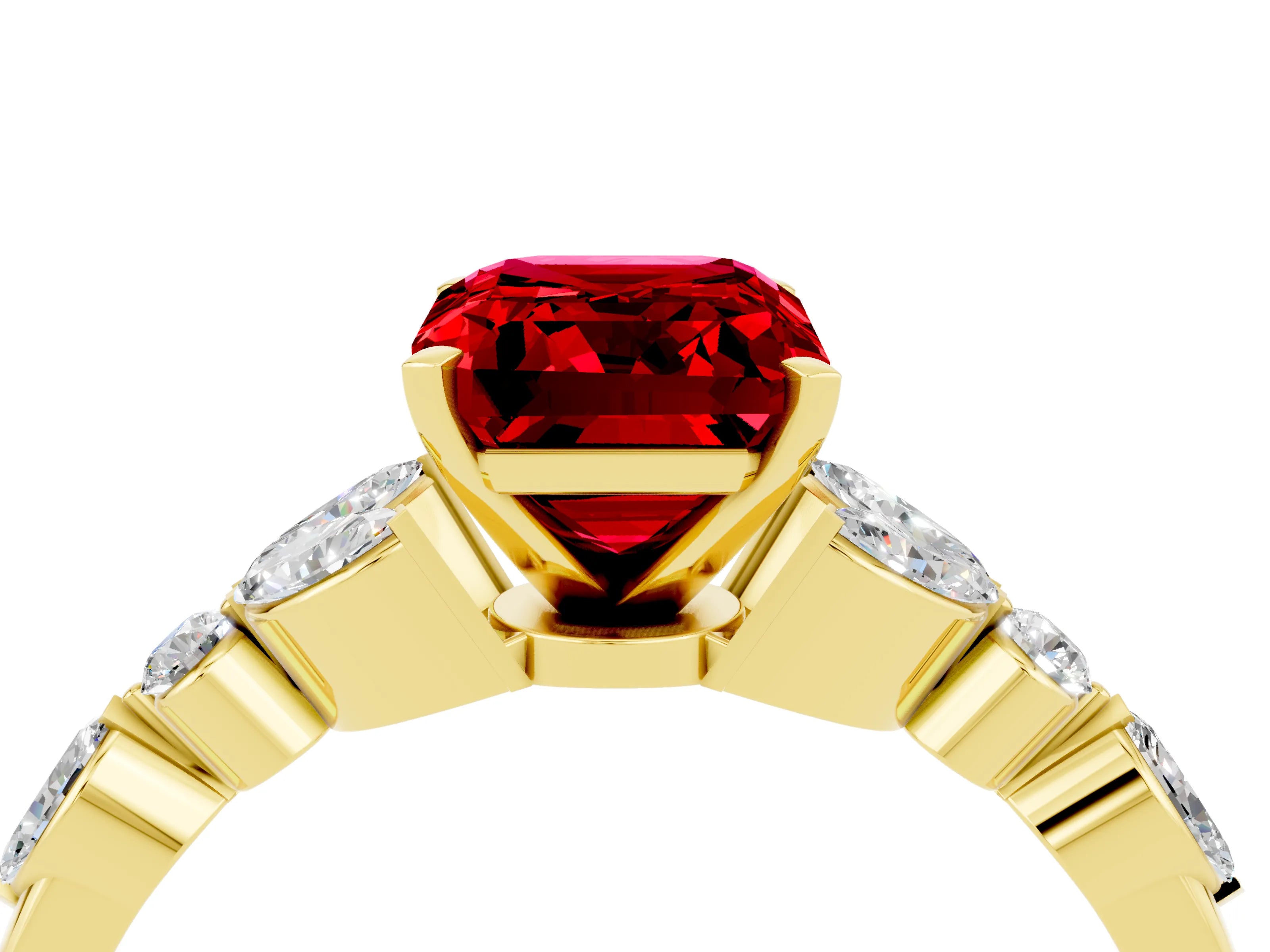 Yellow gold Emerald Cut Ruby Solitaire Ring with Side Stones and Four-Prong Setting_16