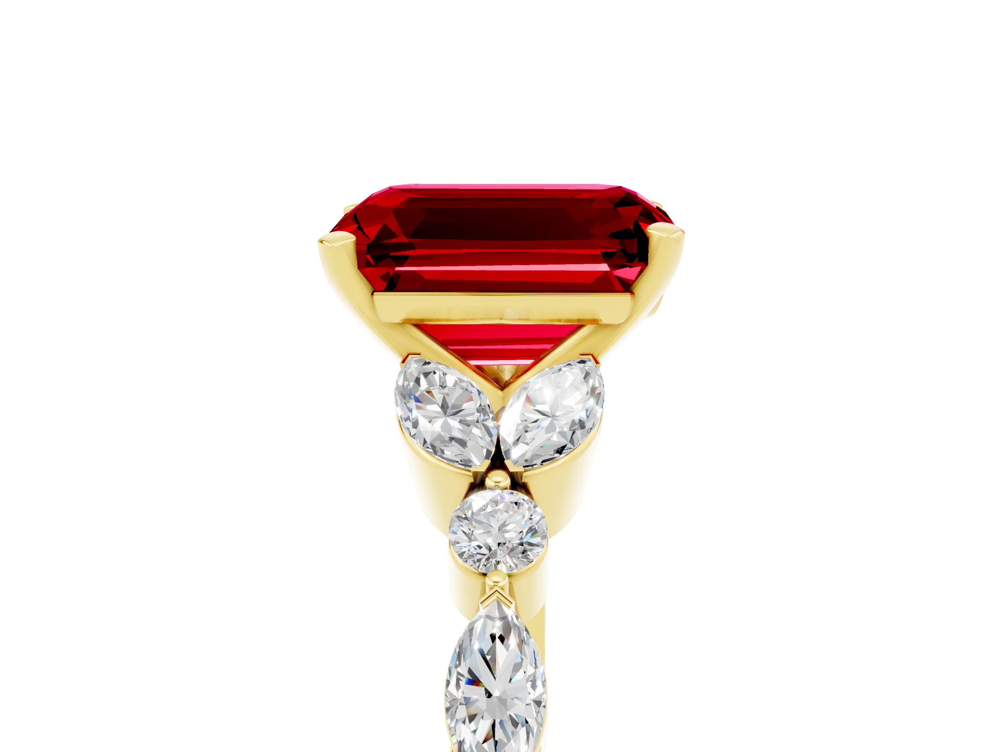 Yellow gold Emerald Cut Ruby Solitaire Ring with Side Stones and Four-Prong Setting_17