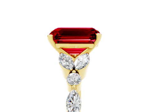 Yellow gold Emerald Cut Ruby Solitaire Ring with Side Stones and Four-Prong Setting_17