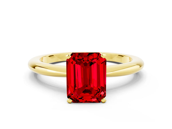 Yellow gold Emerald Cut Ruby Solitaire Ring with Six-Prong Setting and Classic Band
