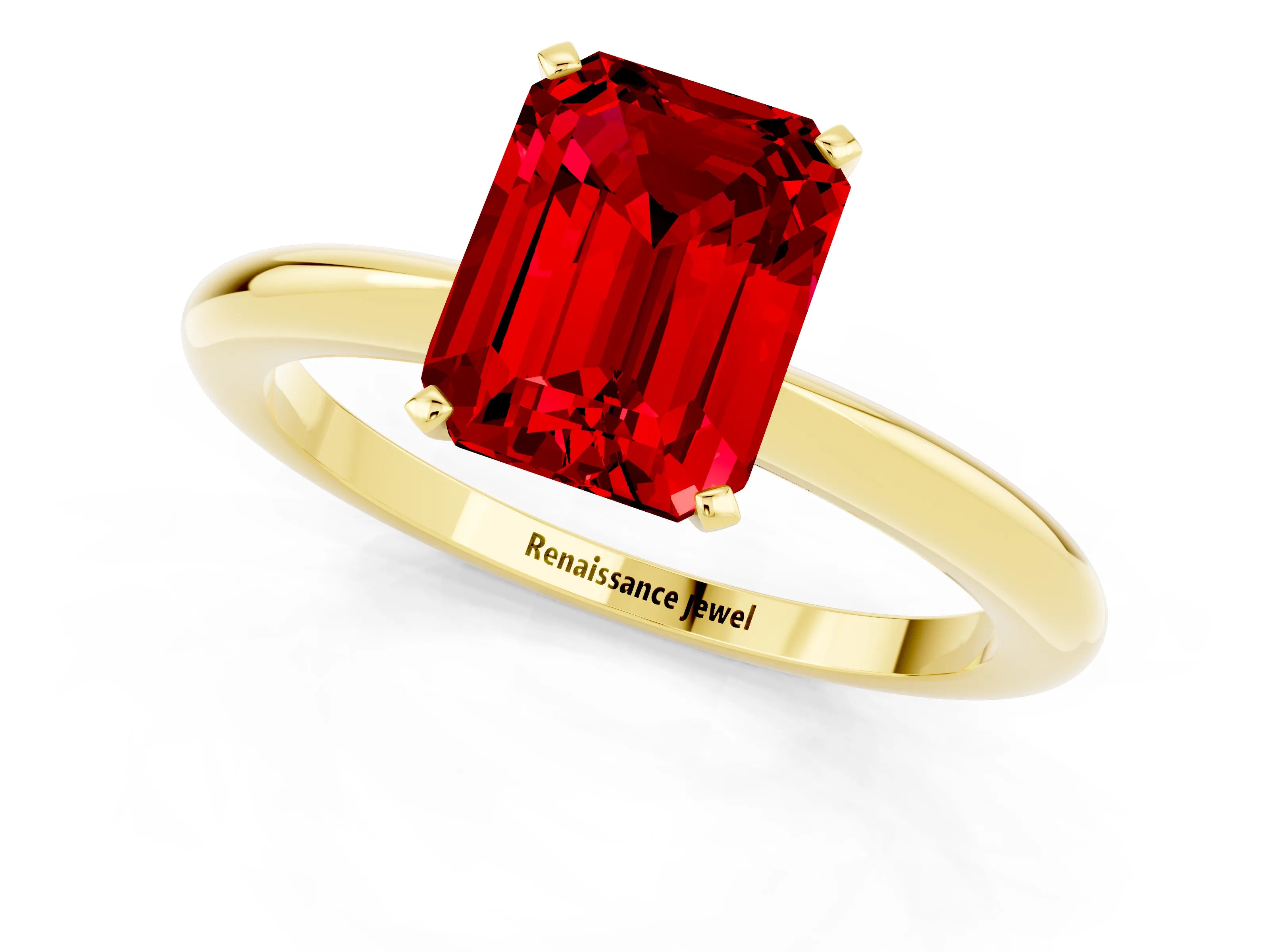 Yellow gold Emerald Cut Ruby Solitaire Ring with Six-Prong Setting and Classic Band_1