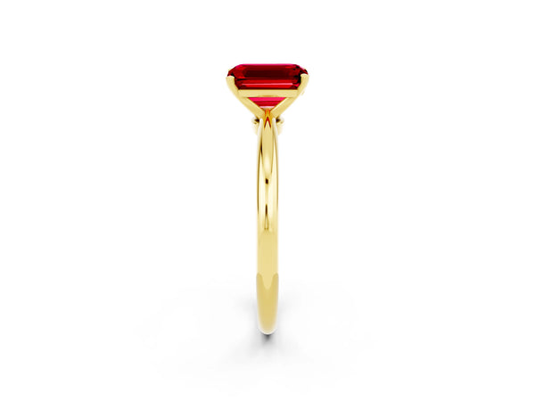 Yellow gold Emerald Cut Ruby Solitaire Ring with Six-Prong Setting and Classic Band