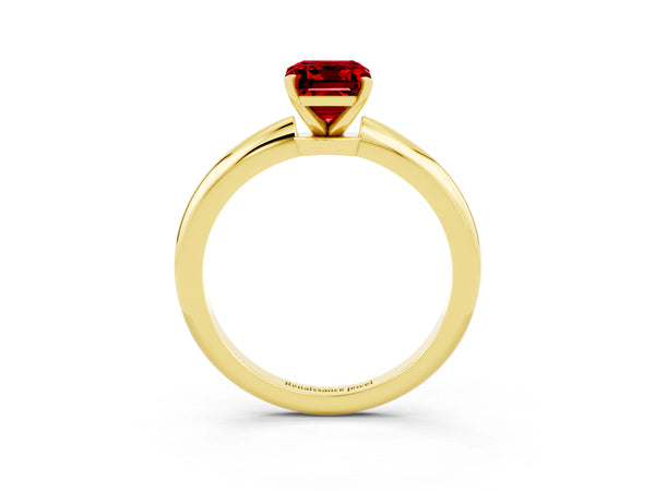 Yellow gold Emerald Cut Ruby Solitaire Ring with Six-Prong Setting and Classic Band