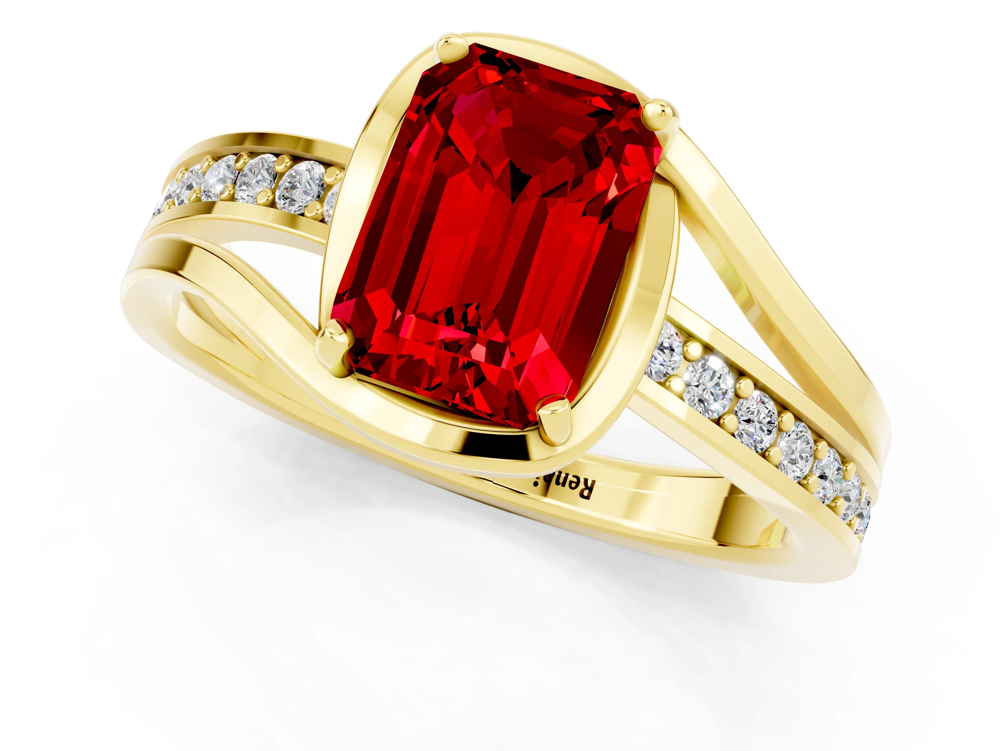 Yellow gold Emerald Cut Ruby Solitaire Ring with Split Shank and Prong Setting_1