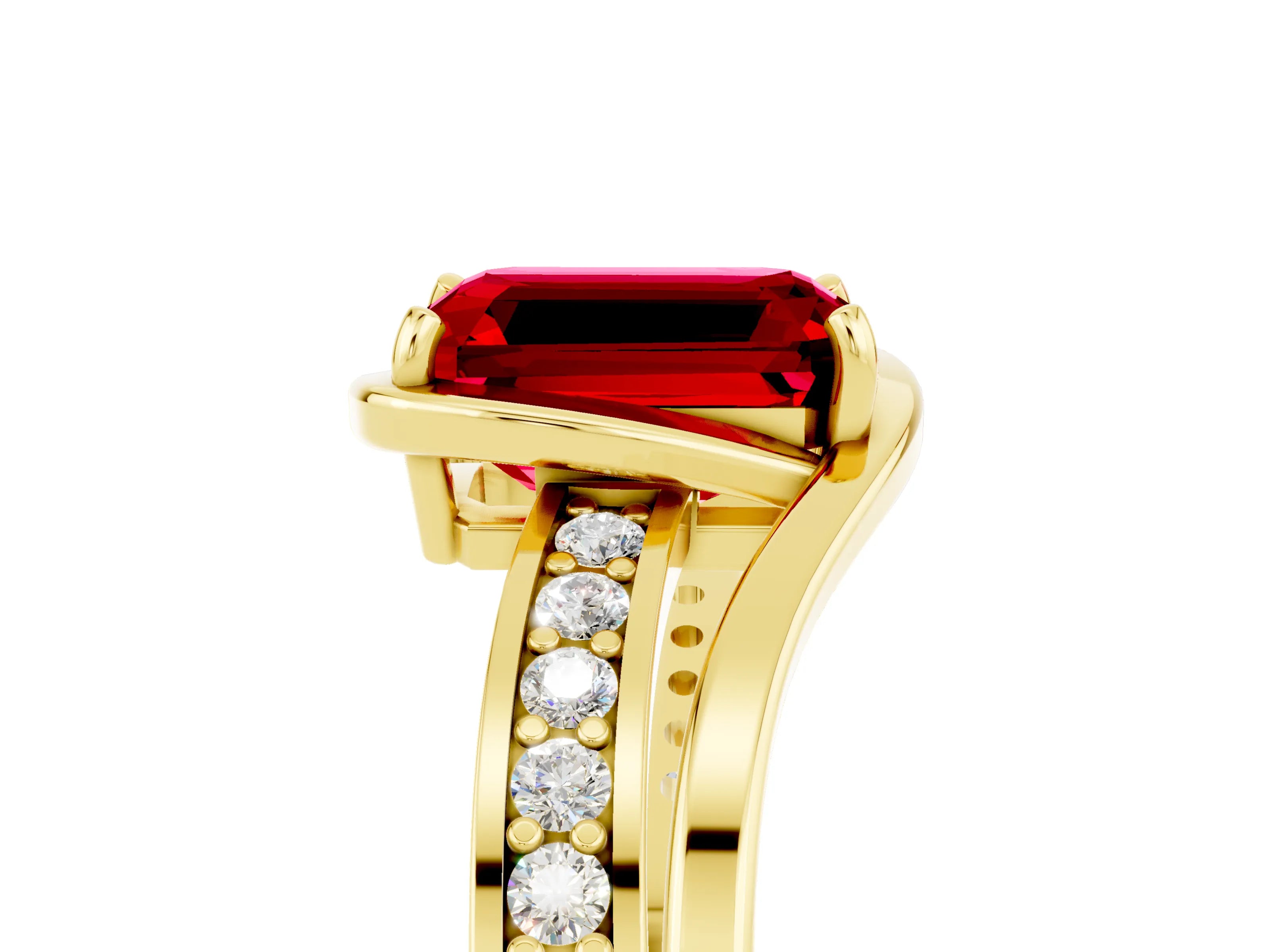 Yellow gold Emerald Cut Ruby Solitaire Ring with Split Shank and Prong Setting_5
