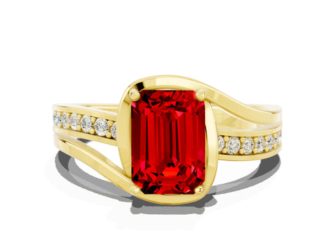 Yellow gold Emerald Cut Ruby Solitaire Ring with Split Shank and Prong Setting