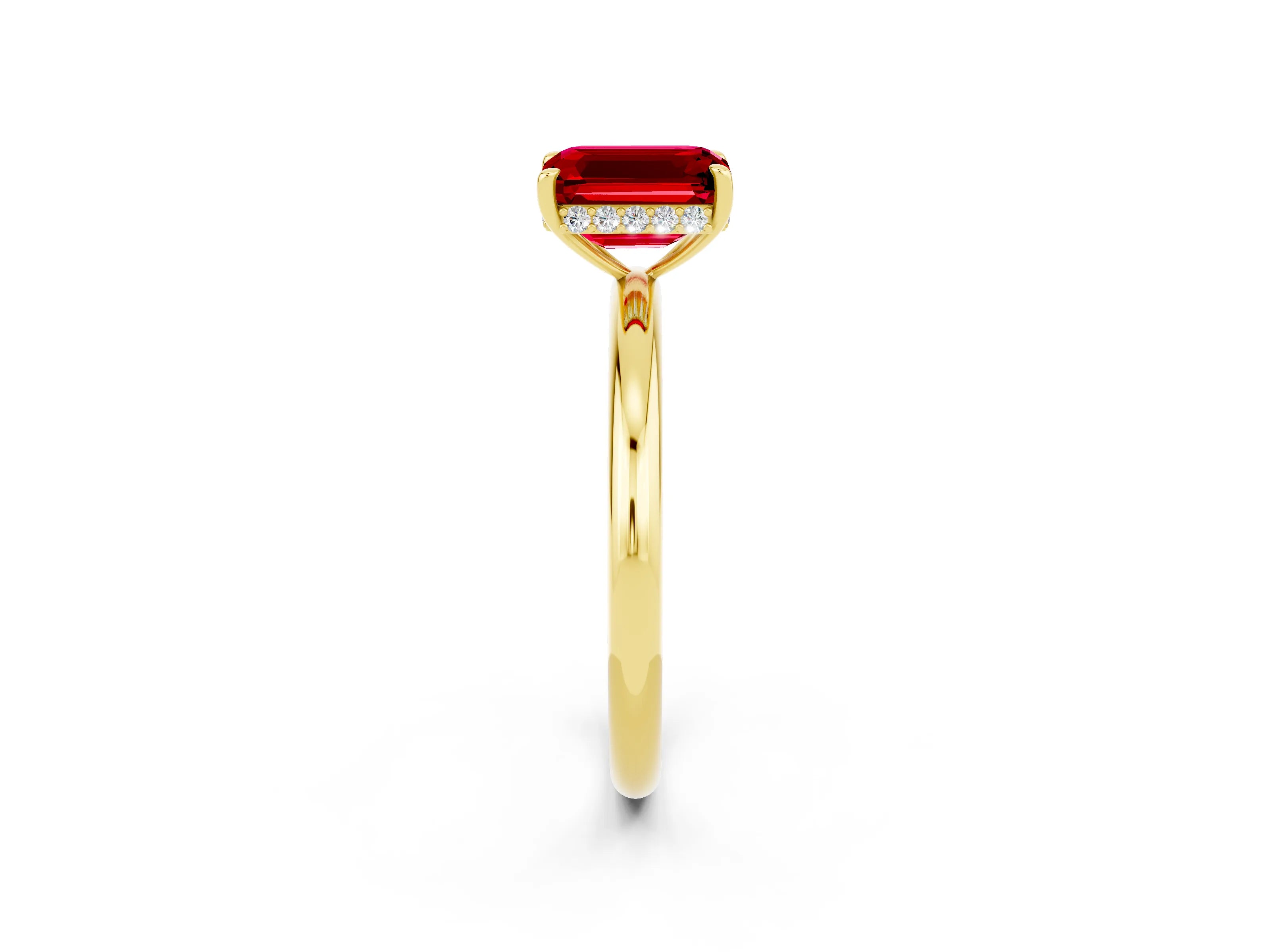 Yellow gold Emerald Cut Ruby Solitaire Ring with Thin Band and Four-Prong Setting_14