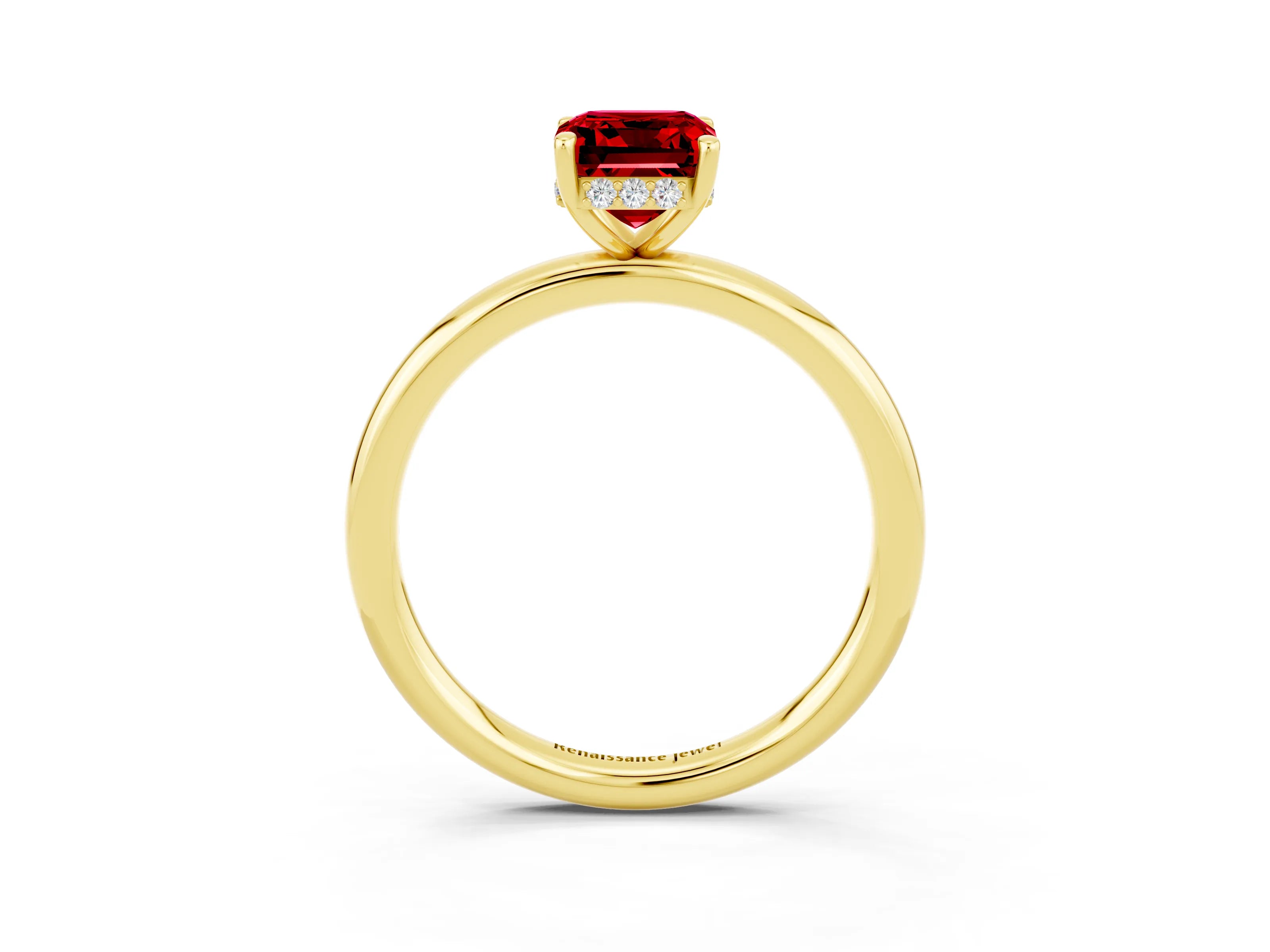 Yellow gold Emerald Cut Ruby Solitaire Ring with Thin Band and Four-Prong Setting_15
