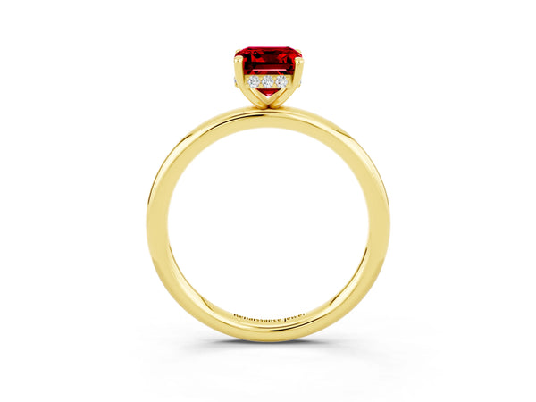 Yellow gold Emerald Cut Ruby Solitaire Ring with Thin Band and Four-Prong Setting