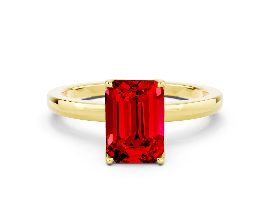 Yellow gold Emerald Cut Ruby Solitaire Ring with Thin Band and Prong Setting_12